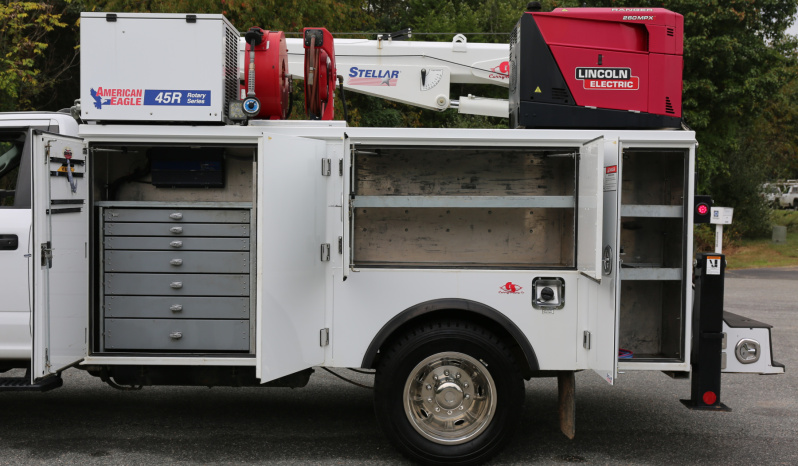 2021 Ford F600 Service Truck, 80k Miles, 4WD, 7.3 Gas, Stellar 11′ Aluminum Mechanics Body, Lube Skid, 7621 Crane, Welder, Drawers full