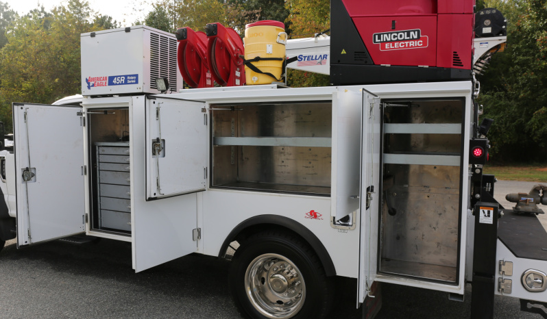 2021 Ford F600 Service Truck, 4WD, 7.3 V8 Gas, Stellar TMAX 11′ Mechanics Bed, 98k Miles, 7621 Crane, Welder, Drawers full
